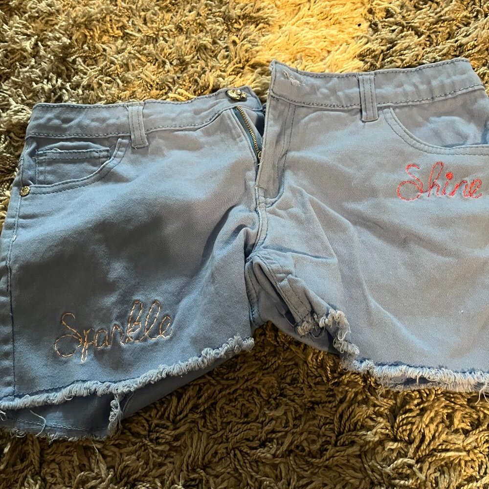 XOXO Girls Light Blue Shorts With words "Sparkle" and "Shine" on front Size 16